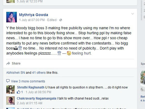 Bigg Boss 3 is bloody fixing show : Mythriya Gowda Bigg Boss 3 is bloody fixing show : Mythriya Gowda