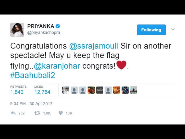 'ಬಾಹುಬಲಿ 2' ನೋಡಿ ಪ್ರಿಯಾಂಕ ಚೋಪ್ರಾ ಹೇಳಿದ್ದೇನು?