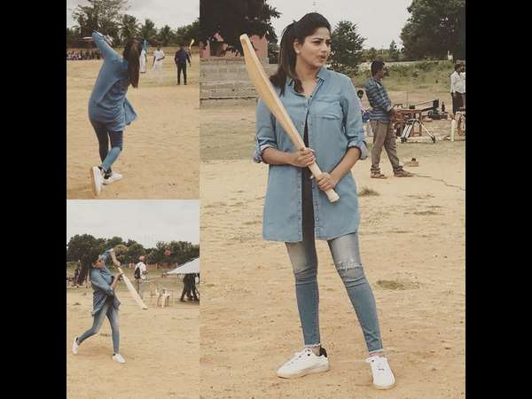 Rachita Ram played cricket at the I Love You cinema set Rachita Ram played cricket at the I Love You cinema set