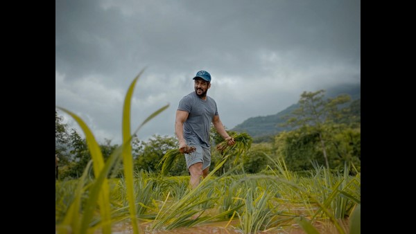 ಭತ್ತದ ಗದ್ದೆಯಲ್ಲಿ ಸಸಿ ಹಿಡಿದು ಓಡಾಡುತ್ತಿರುವ ನಟ