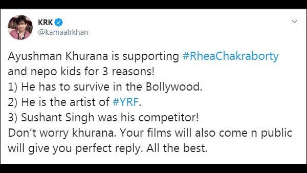 ಆಯುಷ್ಮಾನ್ ವಿರುದ್ಧ ನಟ ಕಮಾಲ್ ಆರ್ ಖಾನ್ ಟ್ವೀಟ್