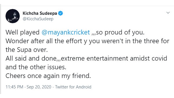 ಮಾಯಾಂಕ್ ಆಟ ಮೆಚ್ಚಿದ ಸುದೀಪ್