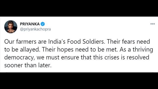 ರೈತರ ಬೆನ್ನಿಗೆ ನಿಂತ ಪ್ರಿಯಾಂಕಾ ಚೋಪ್ರಾ