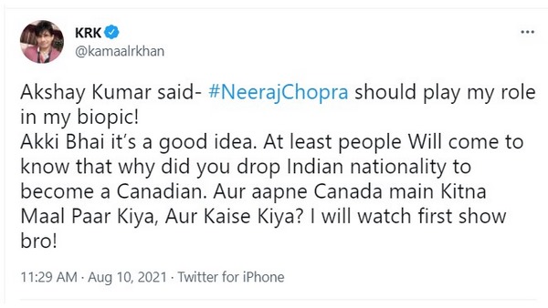 Kamaal R Khan Badly Wants Akshay Kumar’s Biopic Featuring Neeraj Chopra Kamaal R Khan Badly Wants Akshay Kumar’s Biopic Featuring Neeraj Chopra