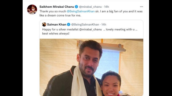 Olympian Mirabai Chanu meets Bollywood Actor Salman Khan in Mumbai Olympian Mirabai Chanu meets Bollywood Actor Salman Khan in Mumbai