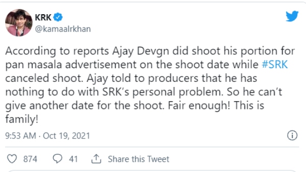 Aryan Khan drug case: Ajay Devgn refuses to reschedule ad shoot with Shah Rukh Khan Aryan Khan drug case: Ajay Devgn refuses to reschedule ad shoot with Shah Rukh Khan